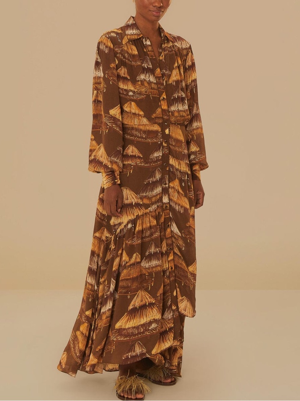 Farm Rio Malocas Beige Long Sleeve Midi Dress